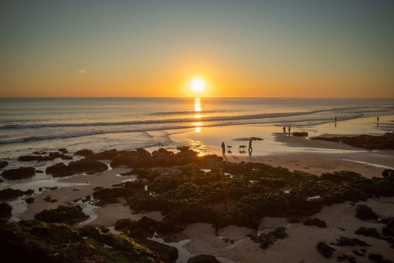 The sun is setting over the beach and the water