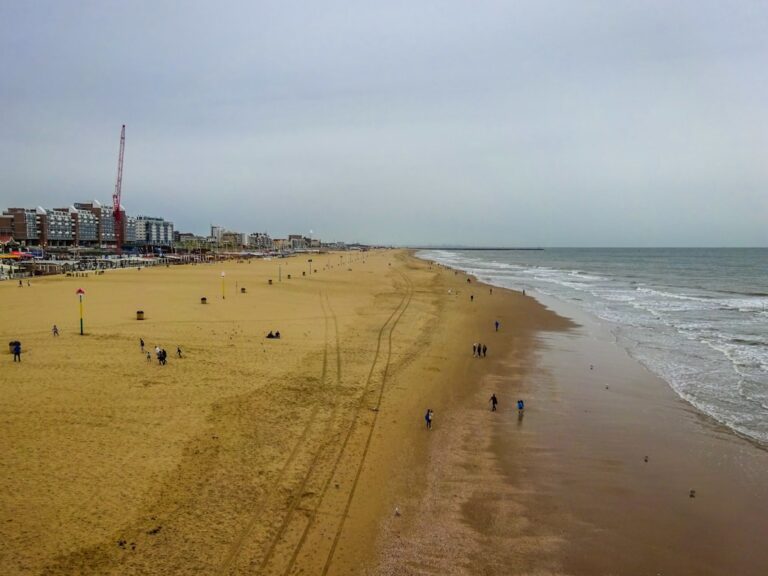 Sandy beach with ocean waves and distant buildings.